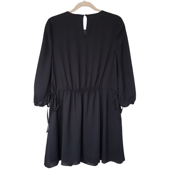 Le Gali Black Boho Babydoll Dress Mesh Top Drawstring Waist 3/4 Sleeve - Picture 3 of 7